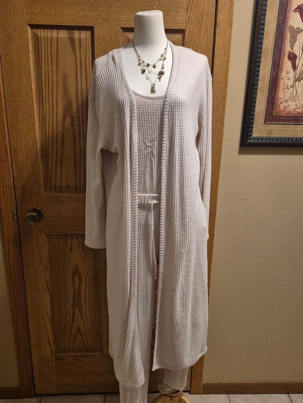 VENUS Cream Waffle-Knit Pajama Set with Long Cardigan